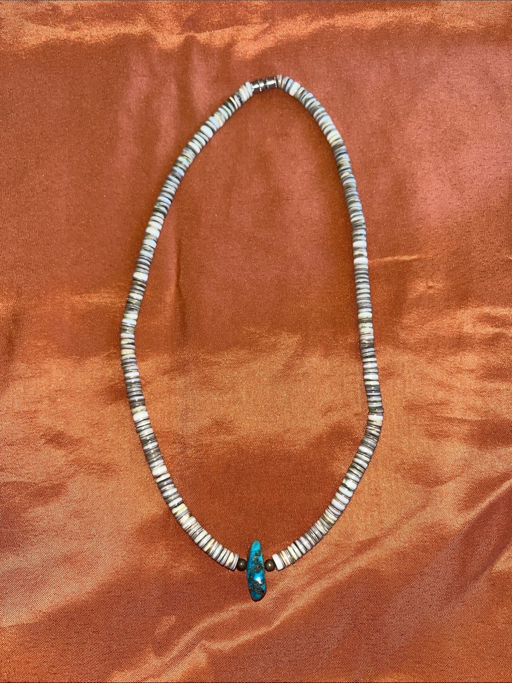 Turquoise Accent Heishi Bead Necklace - Blue Silver